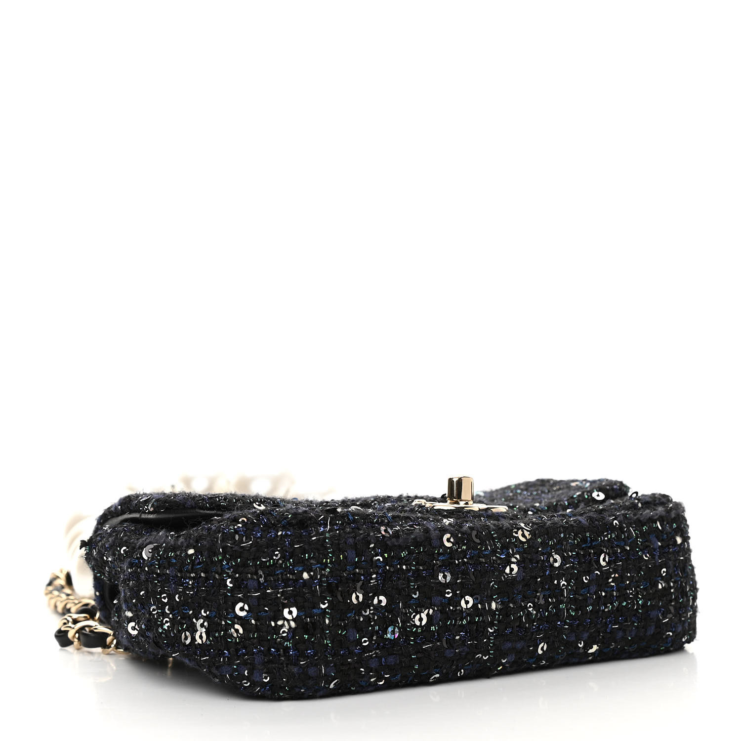 Chanel Tweed Mini Pearl Handle Flap Navy Green Black Ecru - Image 3