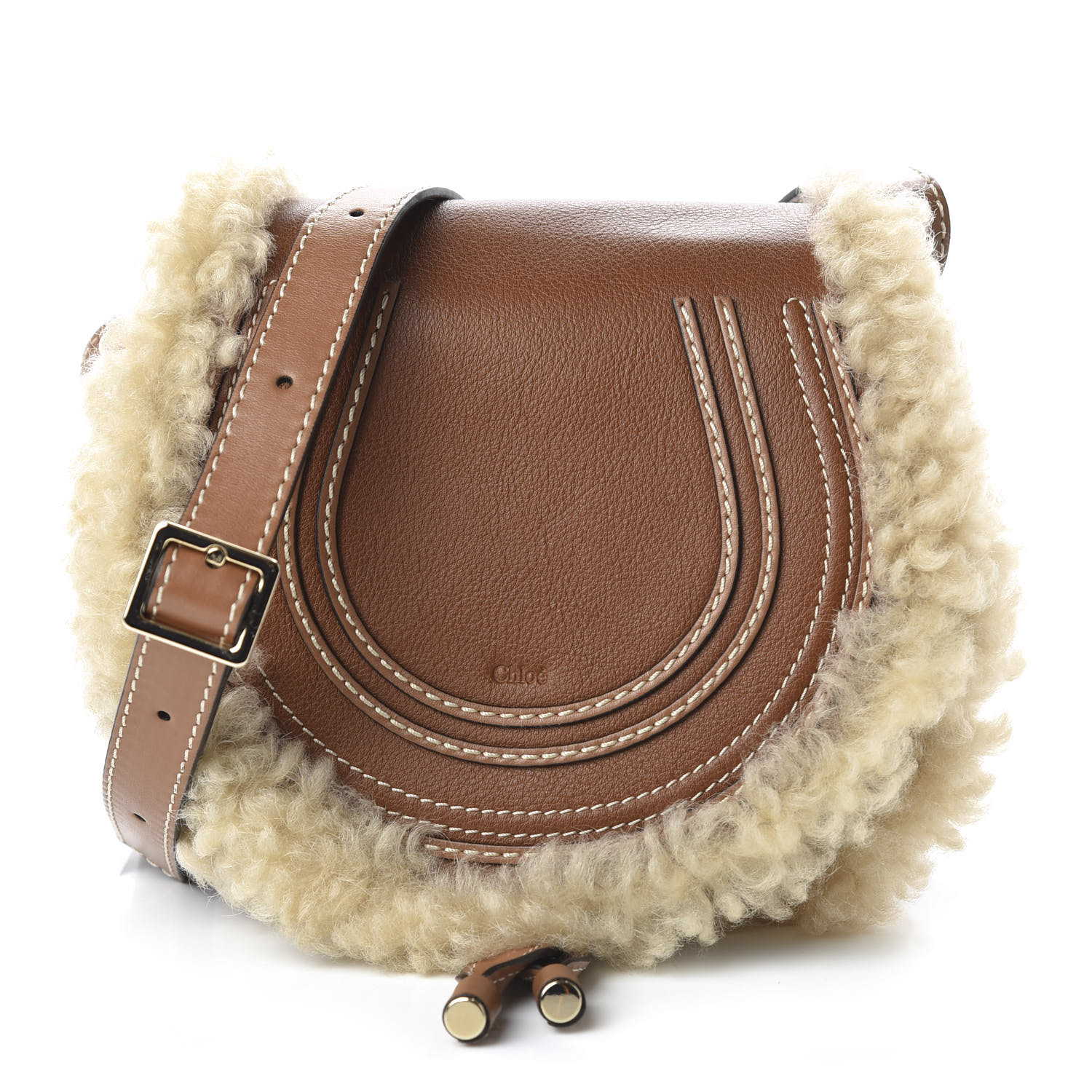 Chloe Small Grain Shiny Calfskin Shearling Small Marcie Round Crossbody Bag Caramel