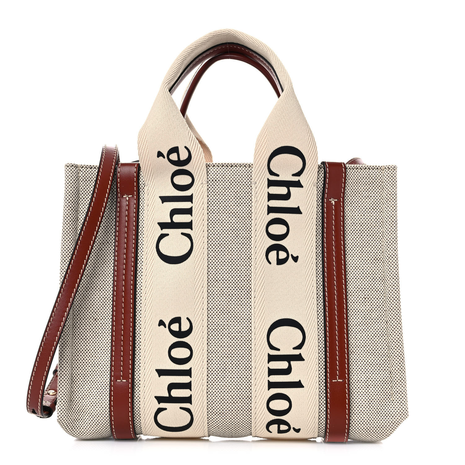 Chloe Cotton Calfskin Small Woody Ribbon Tote With Strap White Brown