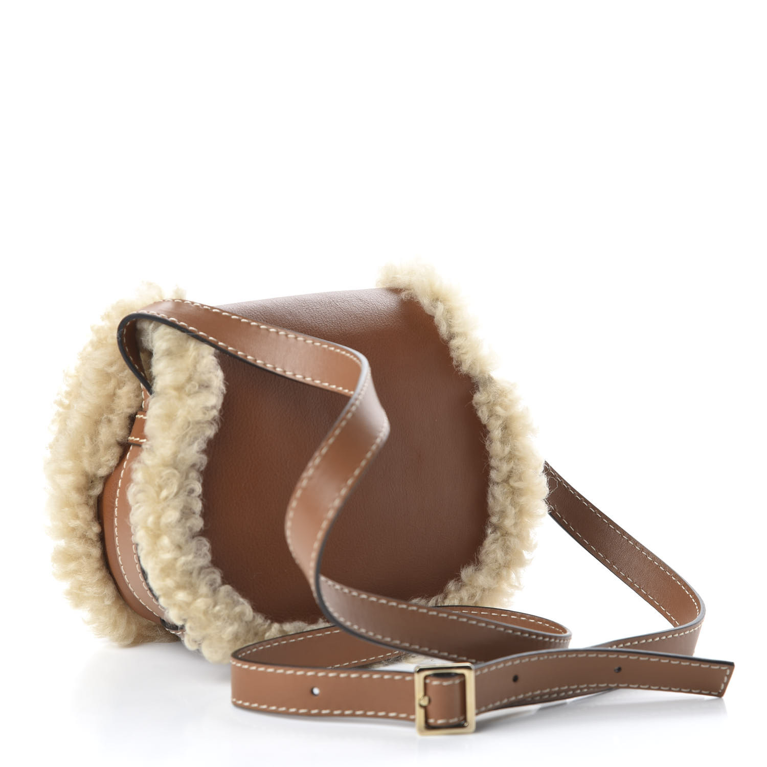 Chloe Small Grain Shiny Calfskin Shearling Small Marcie Round Crossbody Bag Caramel - Image 2