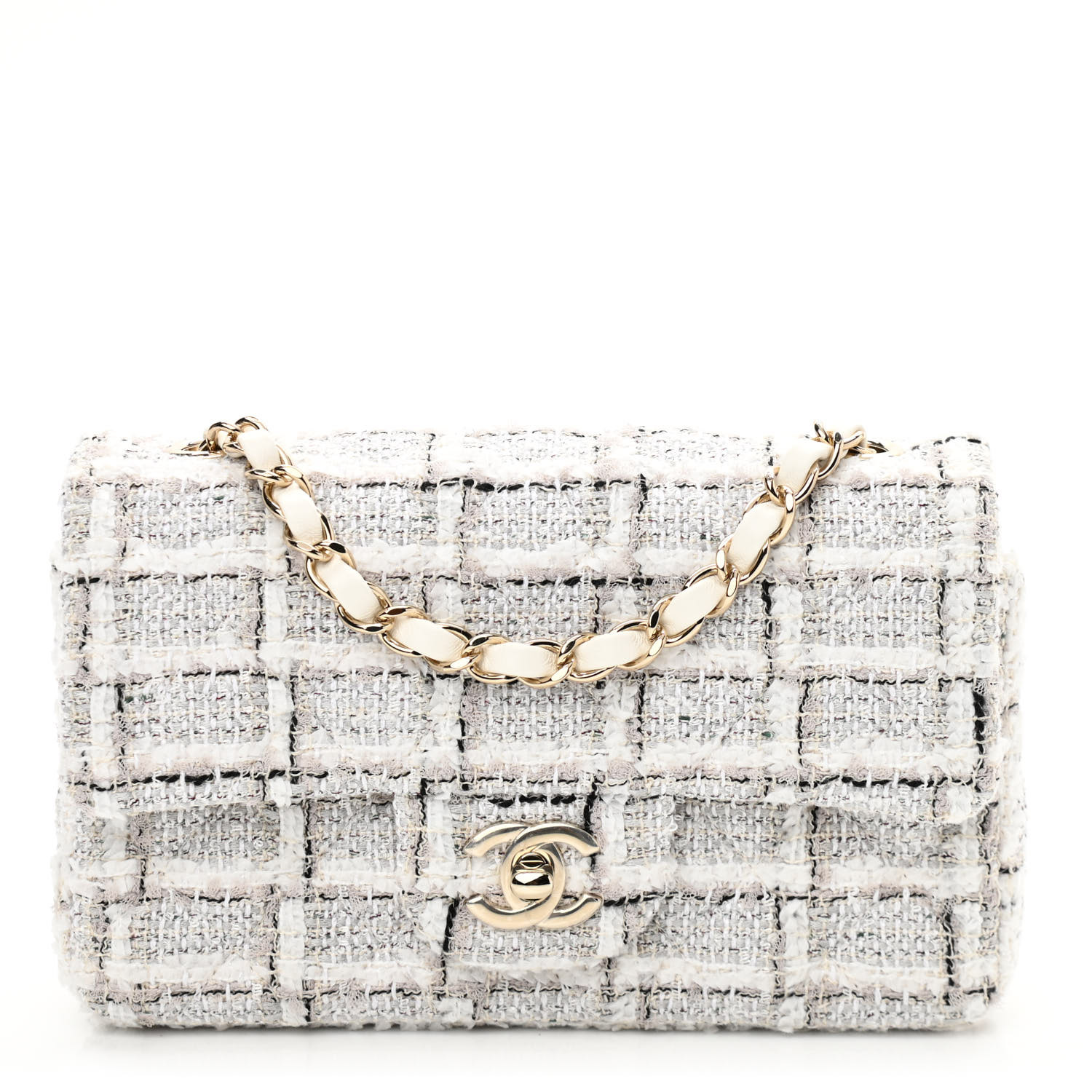 Chanel Tweed Quilted Mini Rectangular Flap White Grey - Image 2