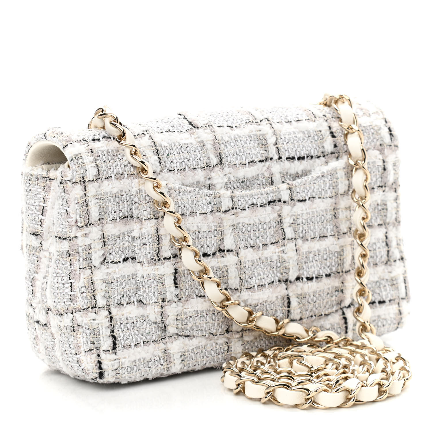 Chanel Tweed Quilted Mini Rectangular Flap White Grey - Image 7