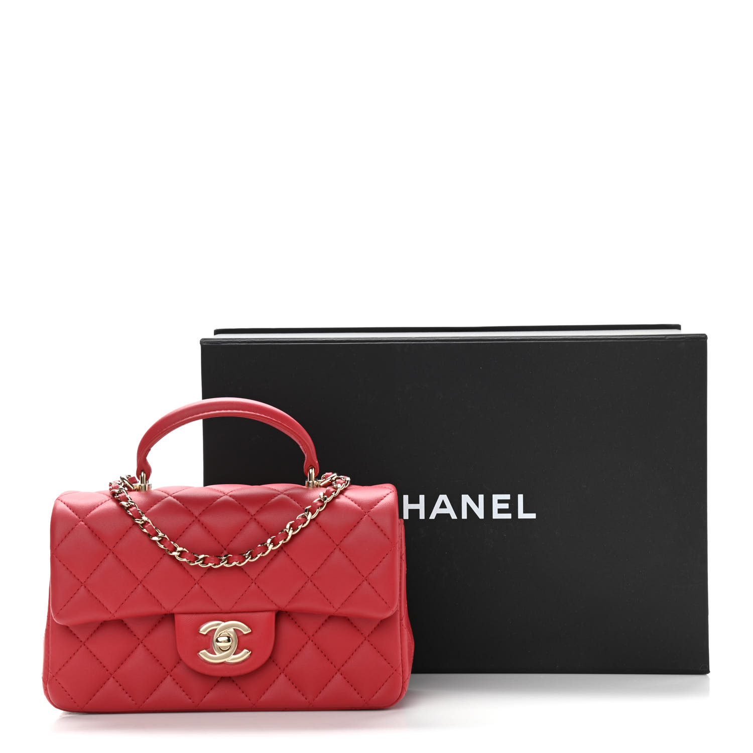 Chanel Lambskin Quilted Mini Top Handle Rectangular Flap Red