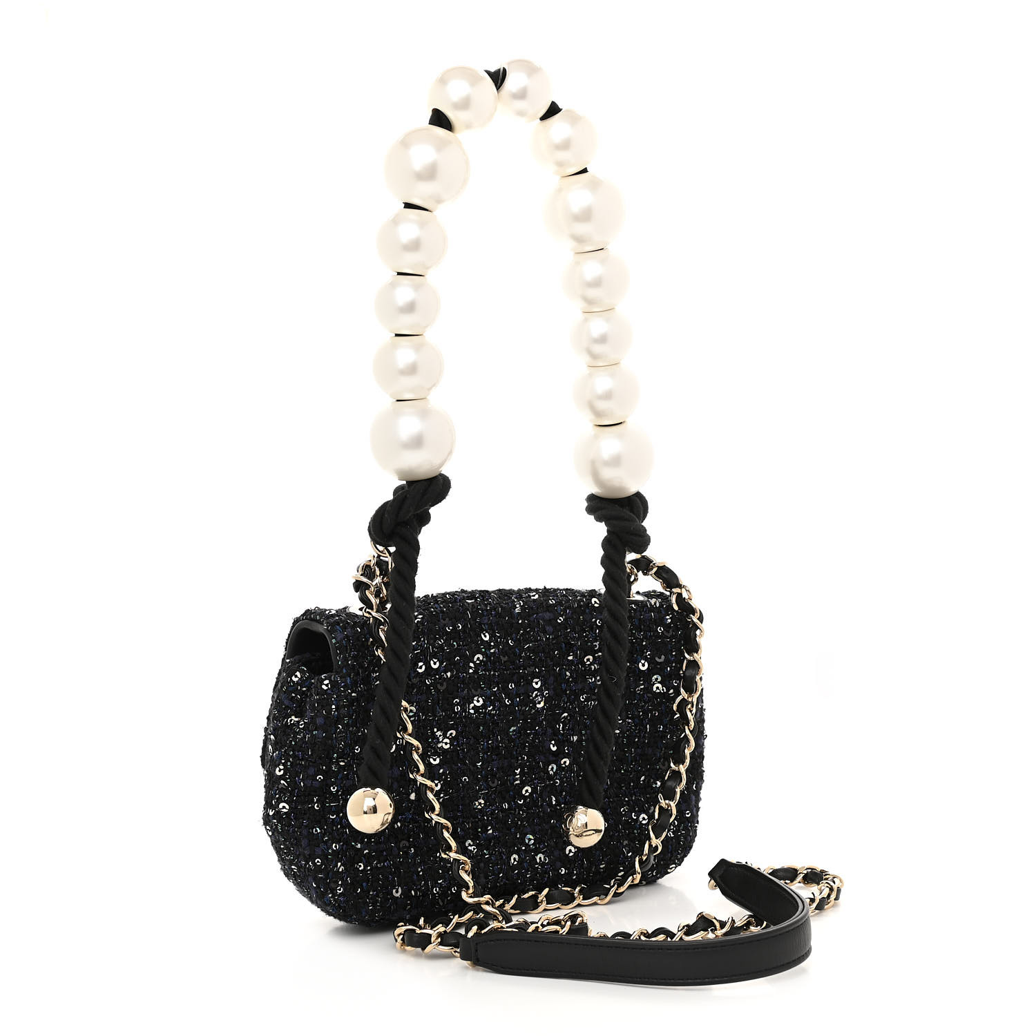 Chanel Tweed Mini Pearl Handle Flap Navy Green Black Ecru - Image 2