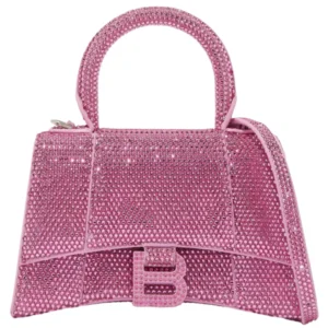 NEW Balenciaga Pink Hourglass XS Suede Leather Rhinestones Crossbody Shoulder Bag