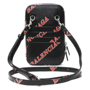 NEW Balenciaga Black Printed Logo Leather Phone Holder Crossbody Bag