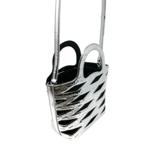 NEW Balenciaga Metallic Silver Small Neo Basket Embossed Logo Leather Handbag Satchel Crossbody Bag