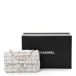 Chanel Tweed Quilted Mini Rectangular Flap White Grey