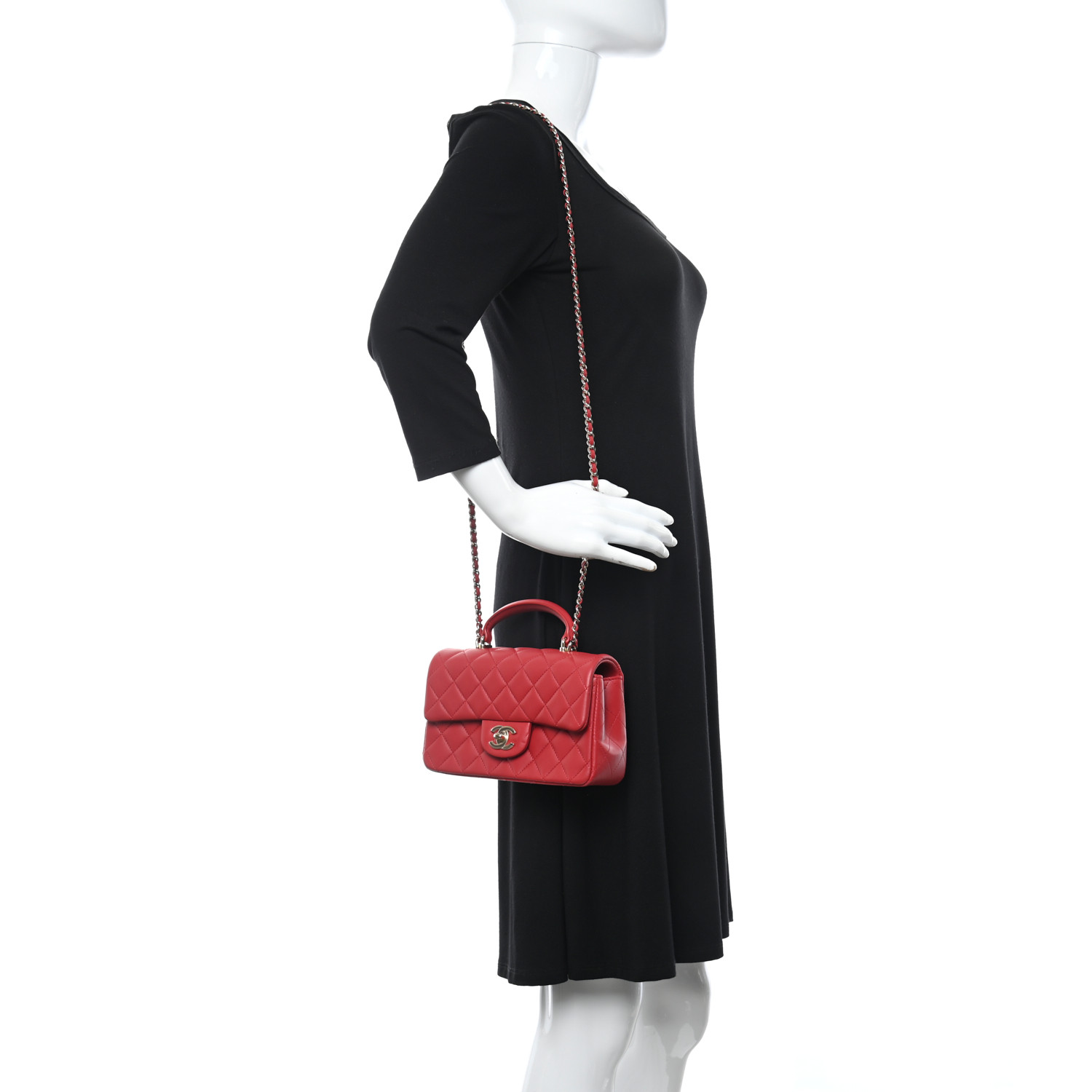 Chanel Lambskin Quilted Mini Top Handle Rectangular Flap Red - Image 8