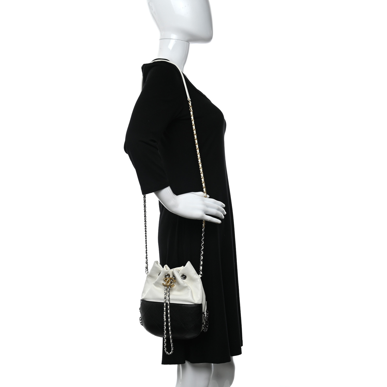 Chanel Aged Calfskin Quilted Small Gabrielle Bucket White Black - Image 4