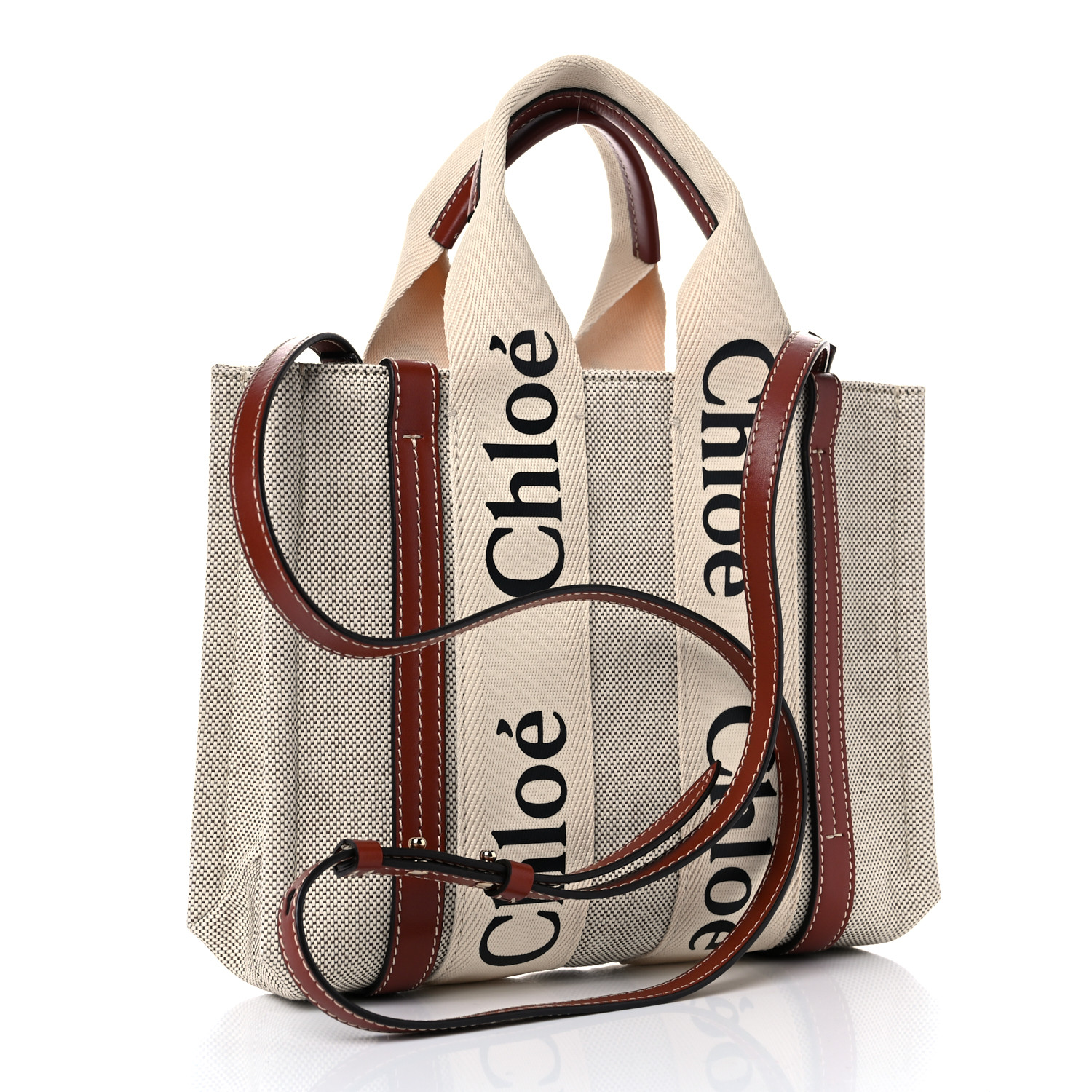 Chloe Cotton Calfskin Small Woody Ribbon Tote With Strap White Brown - Image 2