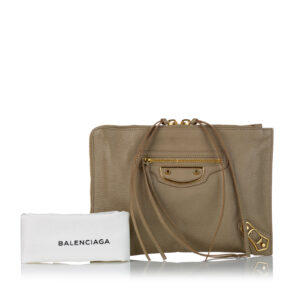 Balenciaga Motocross Giant Arena Brown Beige Calf Leather Clutch Bag