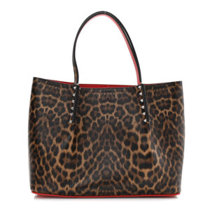 Christian Louboutin Calfskin Empire Leopard Print Spiked Large Cabarock Shopper Tote Brown