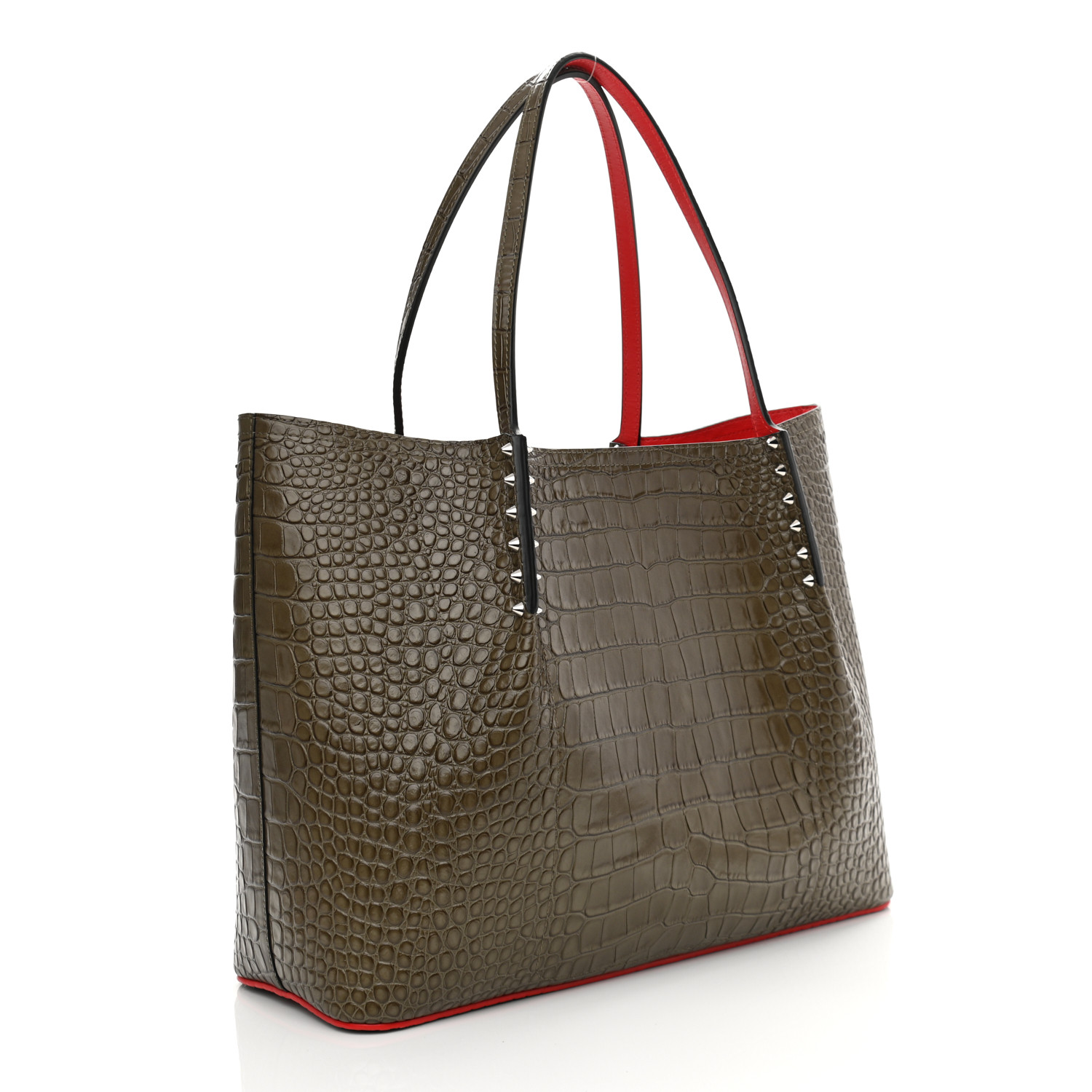 Christian Louboutin Crocodile Embossed Calfskin Spiked Large Cabarock Shopper Tote Silex - Image 3