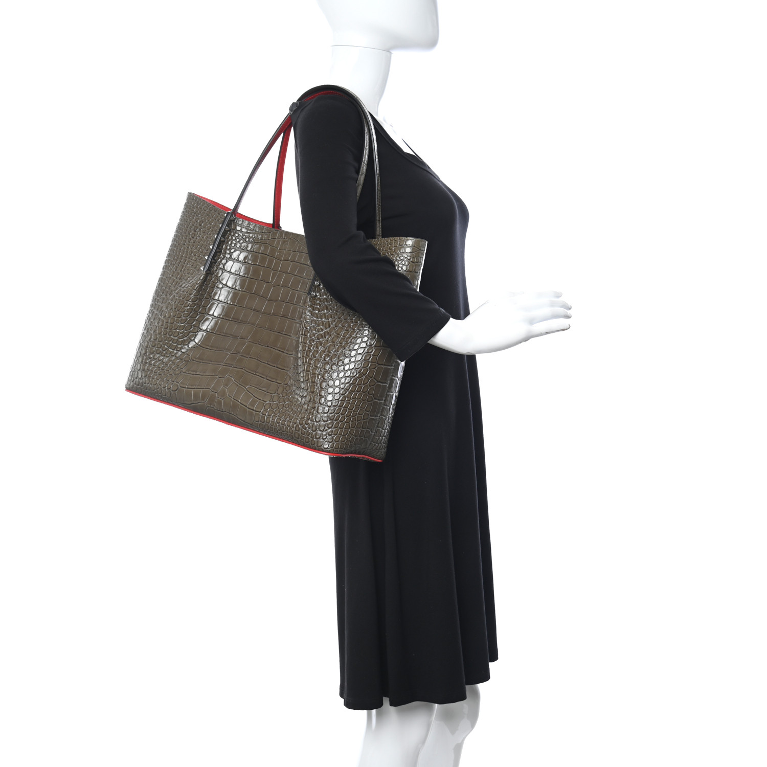 Christian Louboutin Crocodile Embossed Calfskin Spiked Large Cabarock Shopper Tote Silex - Image 4