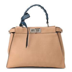 Fendi Silk Calfskin Ribbon Medium Peekaboo Iconic Satchel Beige