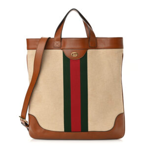 Gucci Vintage Canvas Calfskin Web Flat Tote Sand Light Cuir