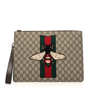 Gucci GG Supreme Monogram Web Animalier Bee Embroidered Medium Documents Holder Beige New Acero