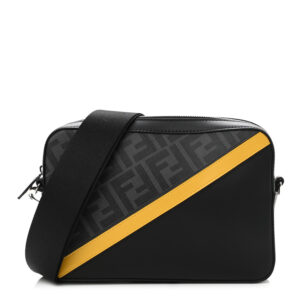 Fendi Glazed Fabric Vitello Liberty FF 1974 Diagonal Medium Camera Case Black Sunflower