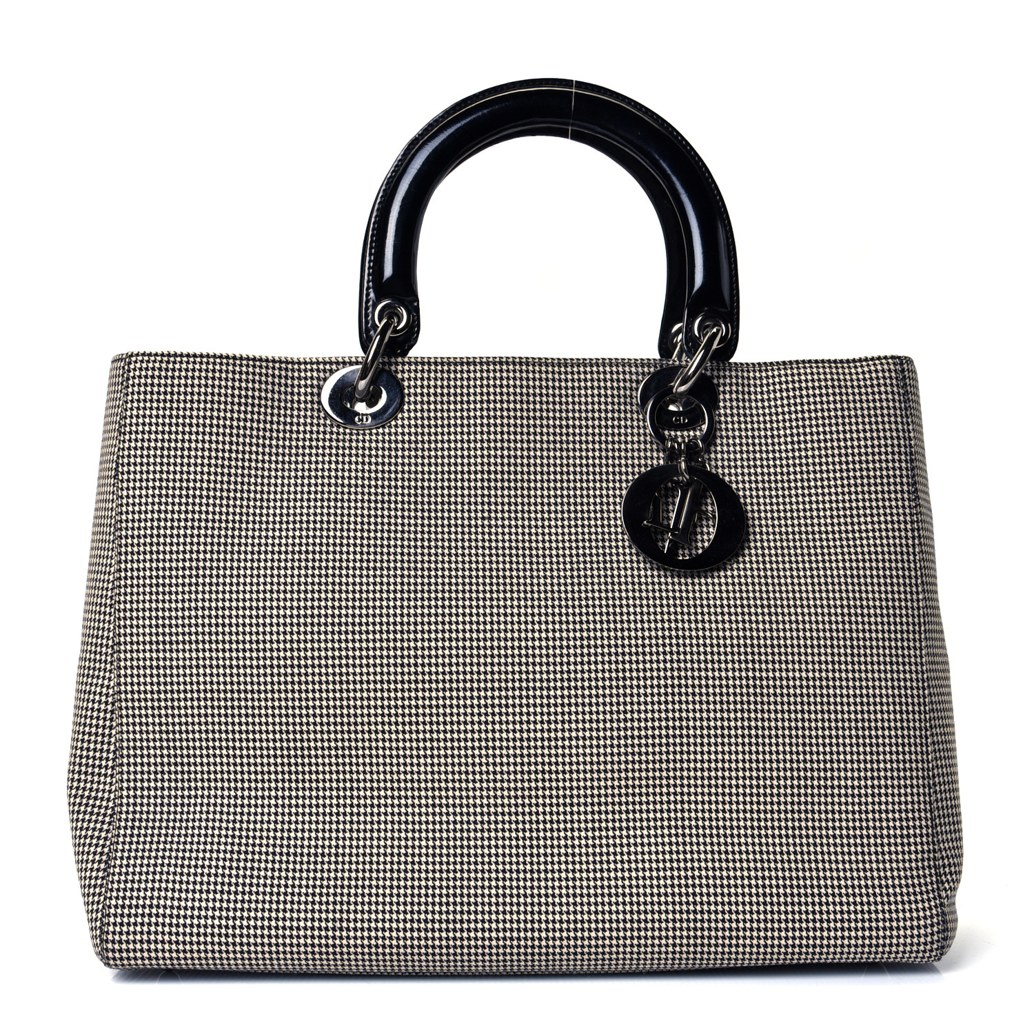 Christian Dior Canvas Patent Houndstooth Large Lady Dior Black