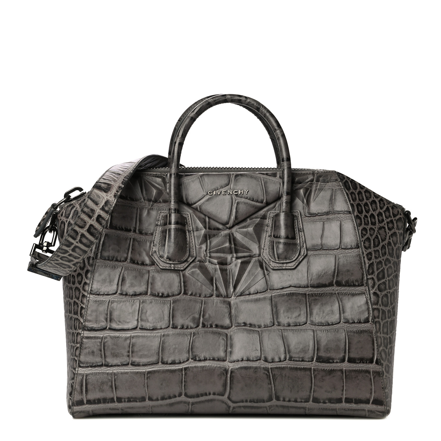 Givenchy Calfskin Crocodile Embossed 3D Stud Medium Antigona Storm Grey