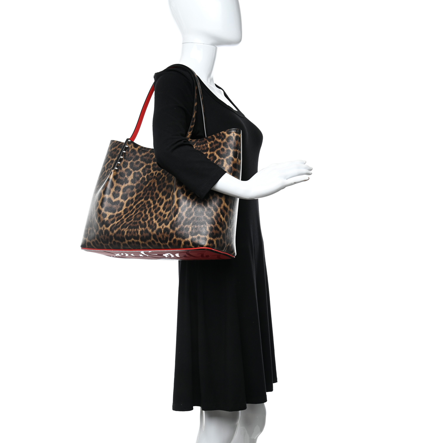Christian Louboutin Calfskin Empire Leopard Print Spiked Large Cabarock Shopper Tote Brown - Image 4