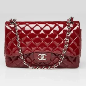 Chanel Red Quilted Patent Leather Classic Jumbo Double Flap Bag