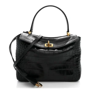 Balenciaga Shiny Calfskin Crocodile Embossed Mini Rodeo Top Handle Handbag Black
