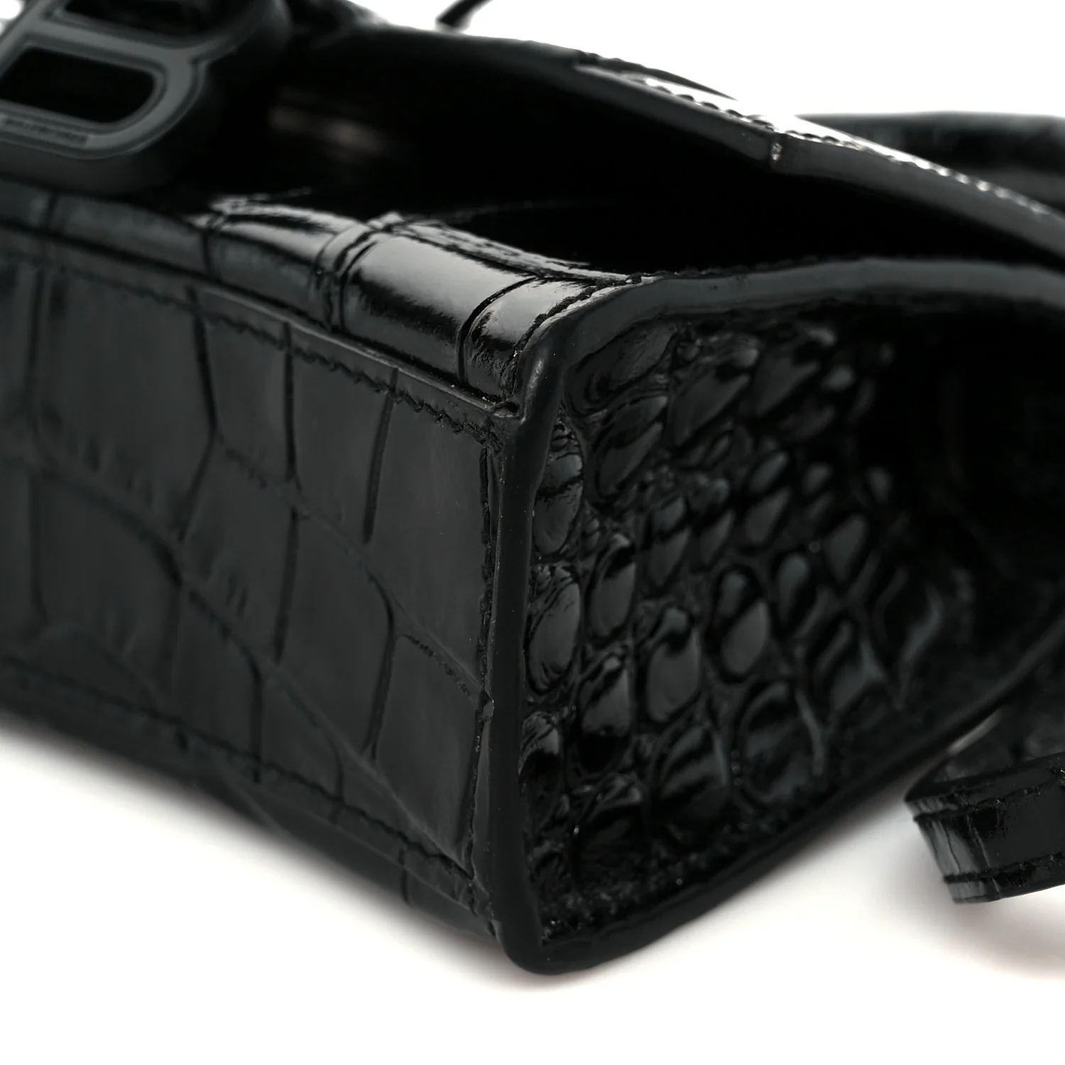 Balenciaga Shiny Calfskin Monochrome Crocodile Embossed Hourglass Top Handle Bag Mini Black - Image 10