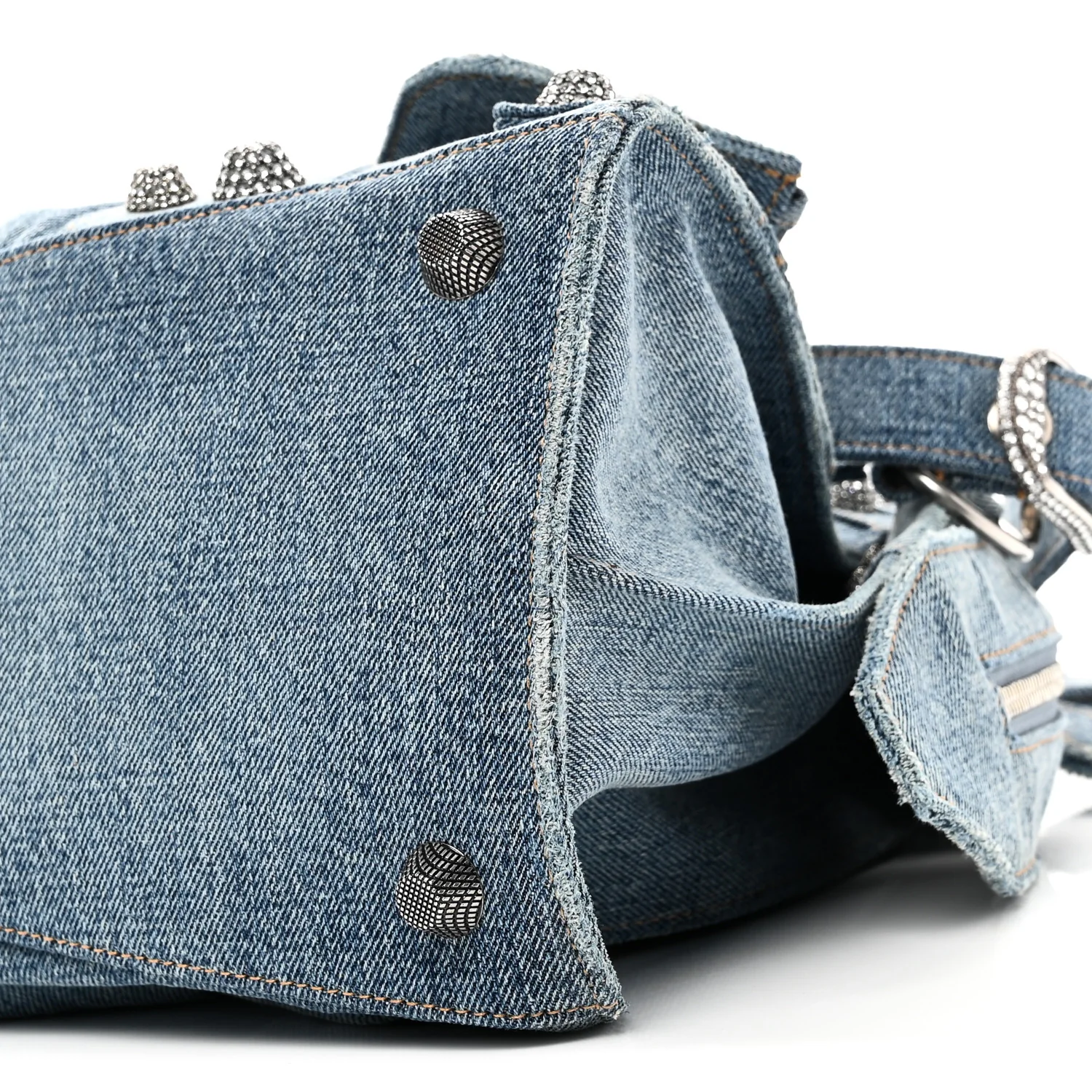 Balenciaga Washed Frayed Denim Crystal Neo Cagole City Handbag Blue - Image 11