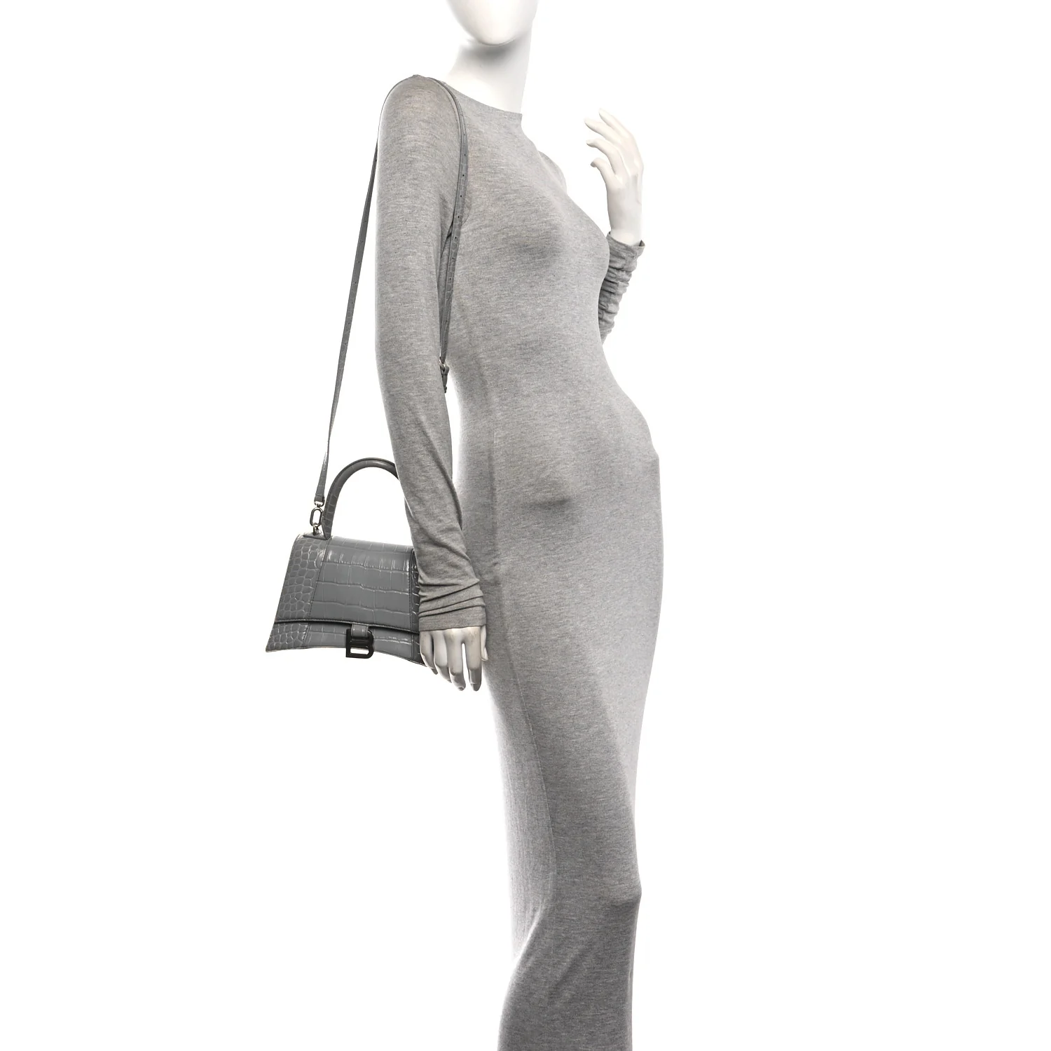 Balenciaga Shiny Calfskin Crocodile Embossed Small Hourglass Top Handle Bag Balenciaga Grey Balenciaga Grey - Image 2