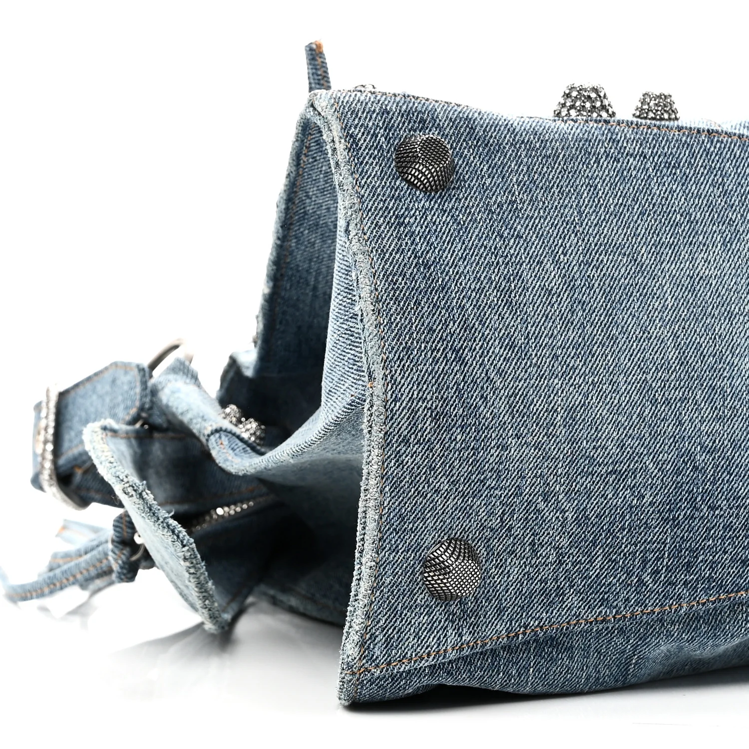 Balenciaga Washed Frayed Denim Crystal Neo Cagole City Handbag Blue - Image 10