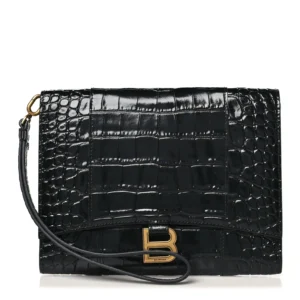 Balenciaga Shiny Calfskin Crocodile Embossed Hourglass Gusset Pouch Black