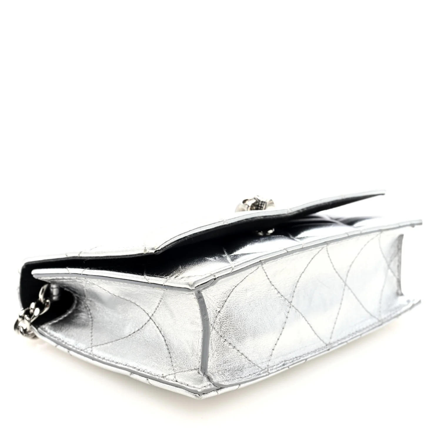 Alexander McQueen Metallic Calfskin Quilted Graffiti Skull Small Chain Crossbody Bag Silver - Image 4