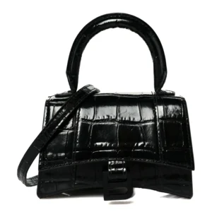 Balenciaga Shiny Calfskin Monochrome Crocodile Embossed Hourglass Top Handle Bag Mini Black