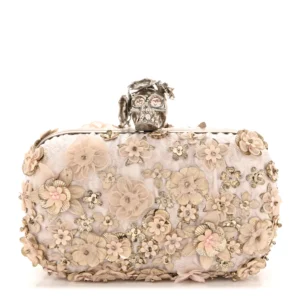 Alexander McQueen Flower Appliqued Silk Brocade Skull Box Clutch Light Pink