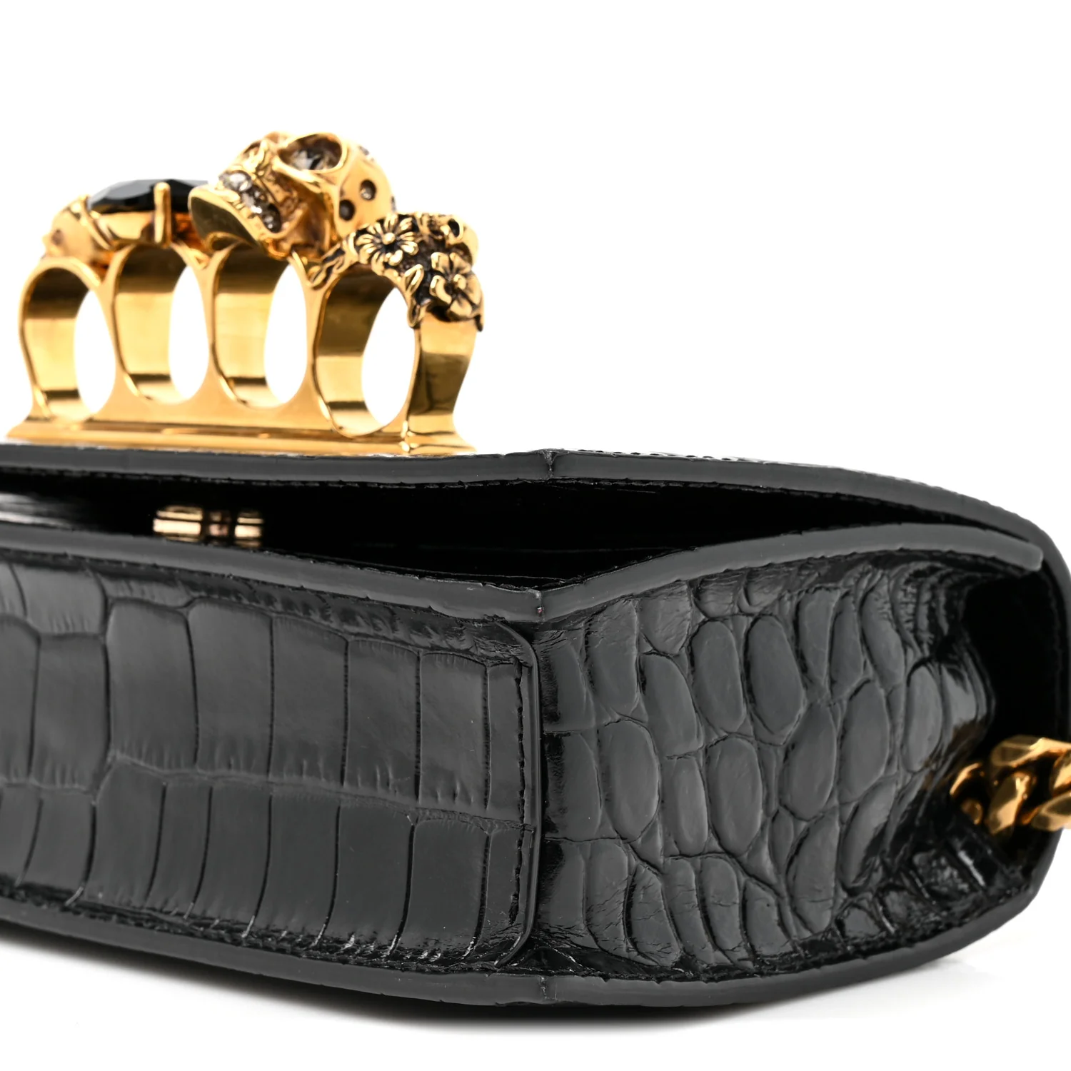 Alexander McQueen Shiny Crocodile Embossed Jeweled Satchel Black - Image 7