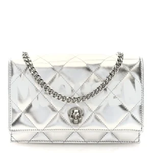 Alexander McQueen Metallic Calfskin Quilted Graffiti Skull Small Chain Crossbody Bag Silver