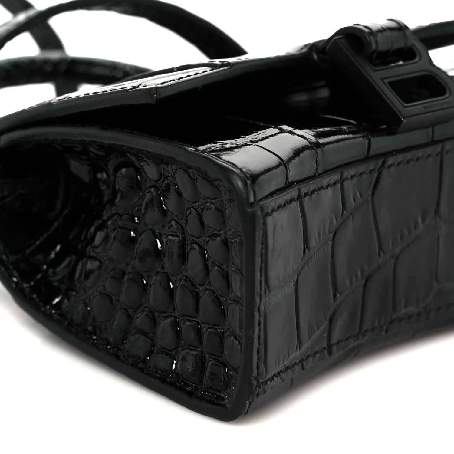 Balenciaga Shiny Calfskin Monochrome Crocodile Embossed Hourglass Top Handle Bag Mini Black - Image 9