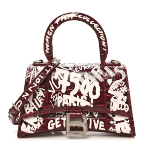 Balenciaga Crocodile Embossed Calfskin Graffiti Hourglass Top Handle Bag XS Dark Red White