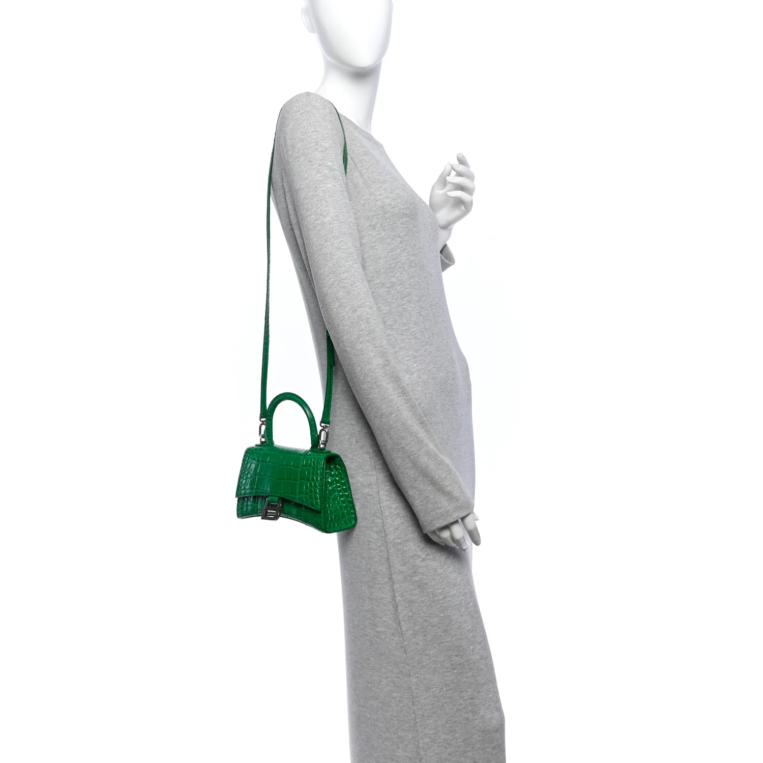 Balenciaga Shiny Calfskin Crocodile Embossed Hourglass Top Handle Bag XS Jade - Image 2