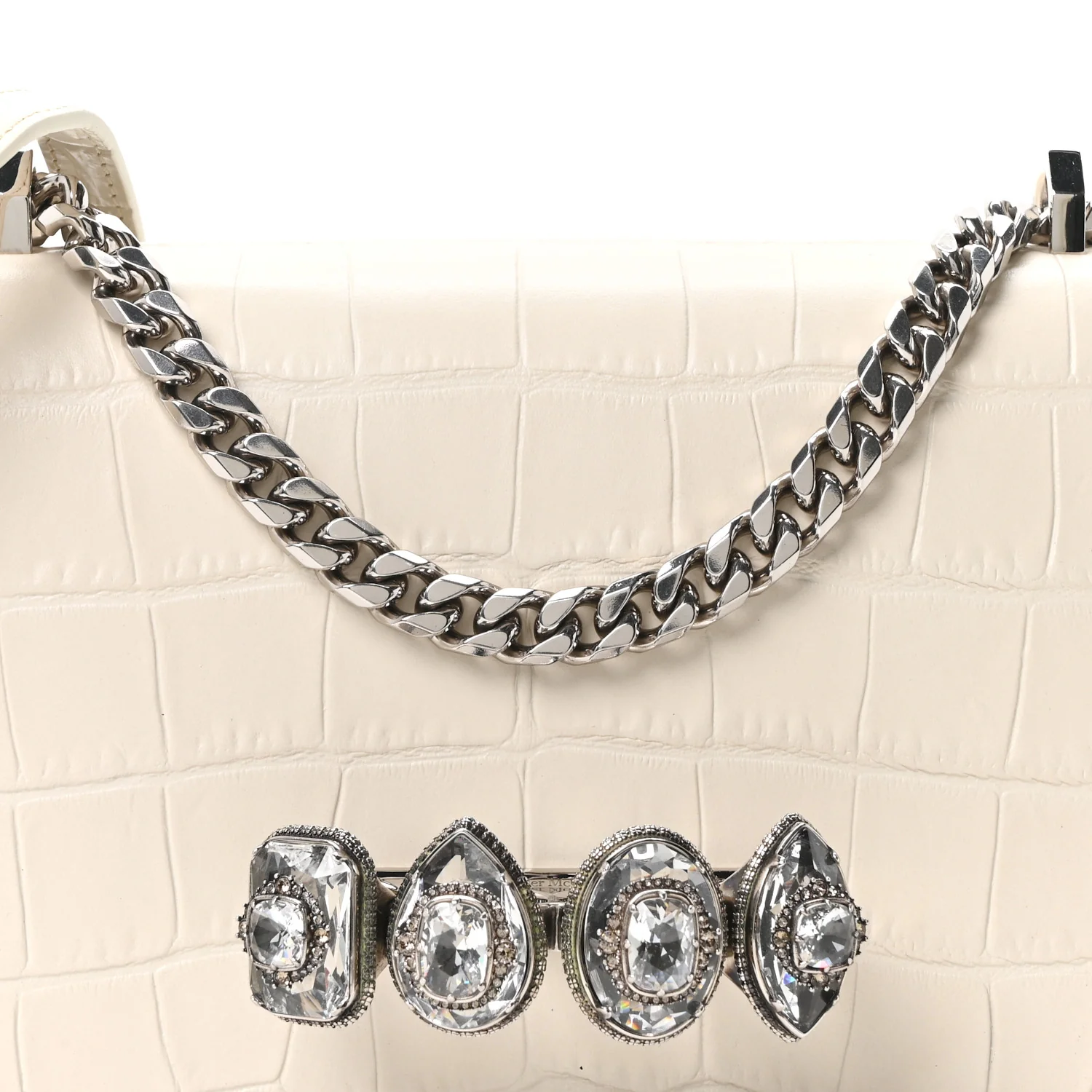 Alexander McQueen Shiny Calfskin Crocodile Embossed Knuckle Jeweled Crossbody White - Image 7