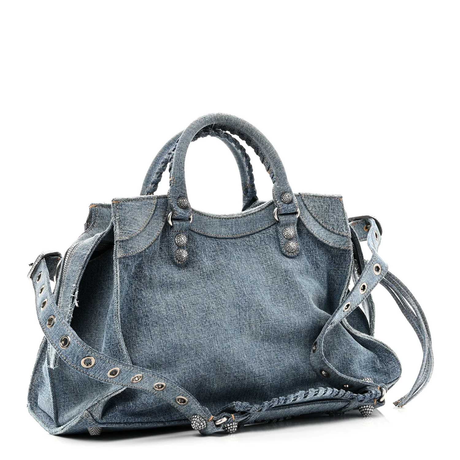 Balenciaga Washed Frayed Denim Crystal Neo Cagole City Handbag Blue - Image 4
