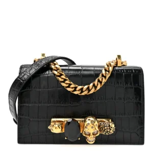 Alexander McQueen Shiny Crocodile Embossed Jeweled Satchel Black