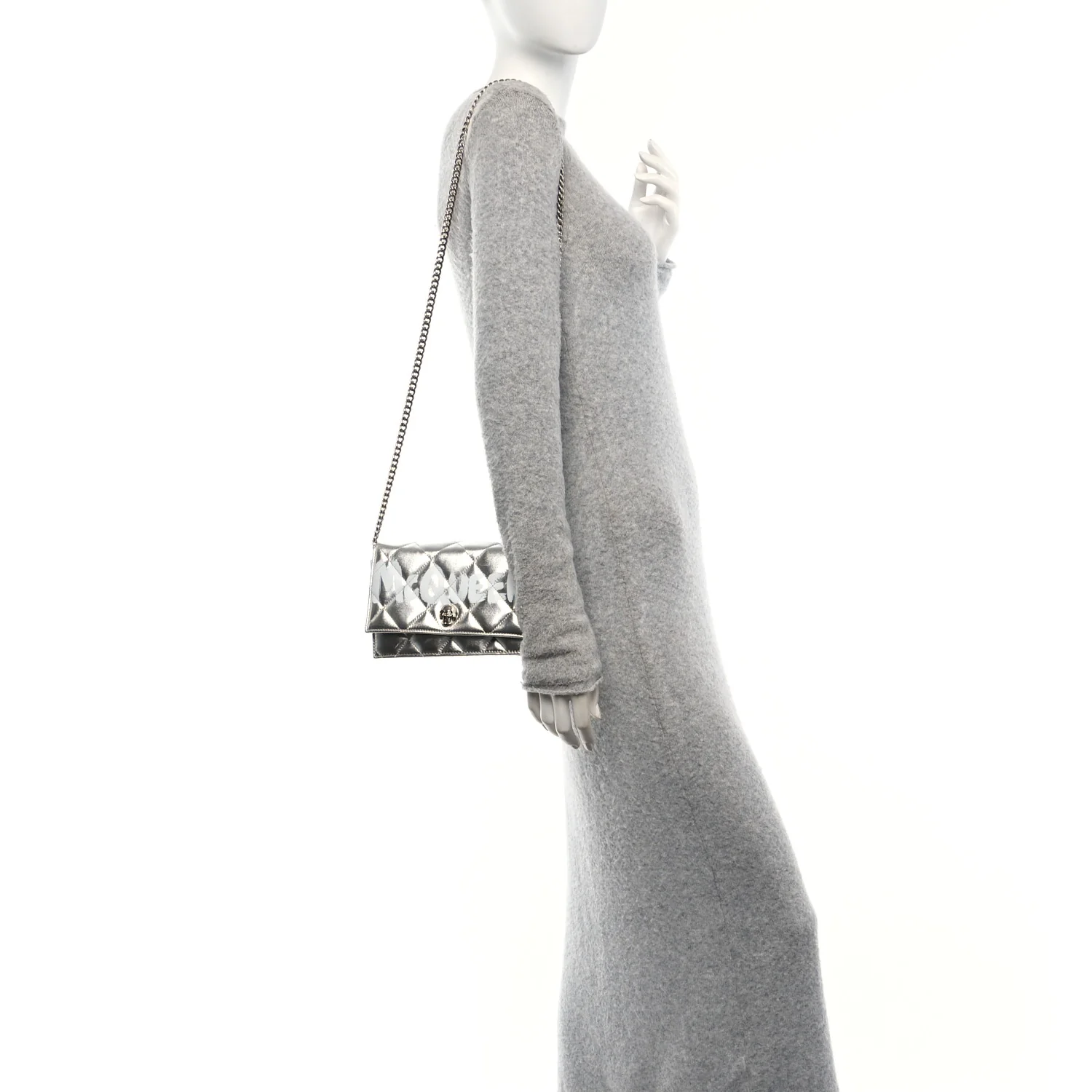 Alexander McQueen Metallic Calfskin Quilted Graffiti Skull Small Chain Crossbody Bag Silver - Image 2