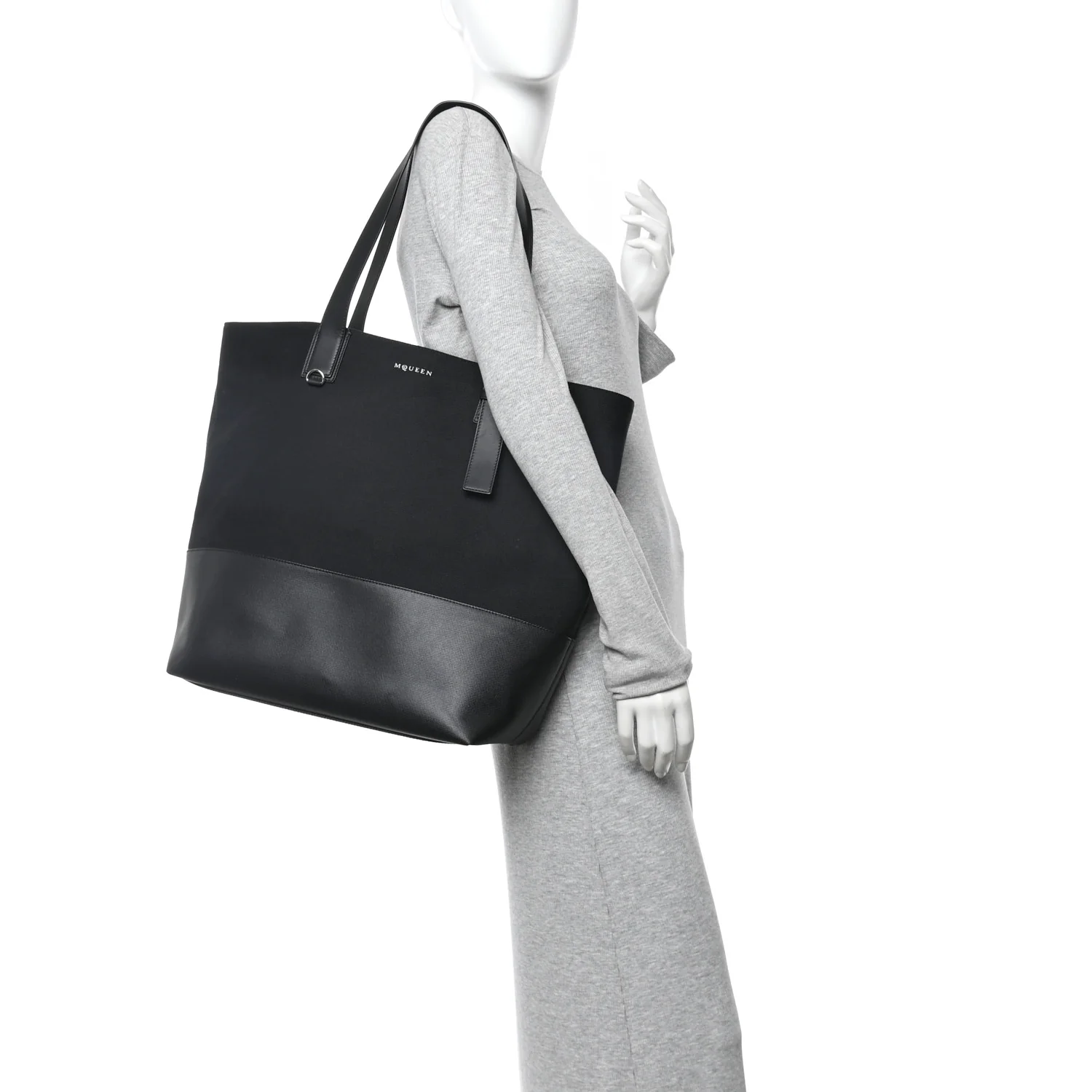 Alexander McQueen Canvas Calfskin T-Bar Shopping Bag Black - Image 2