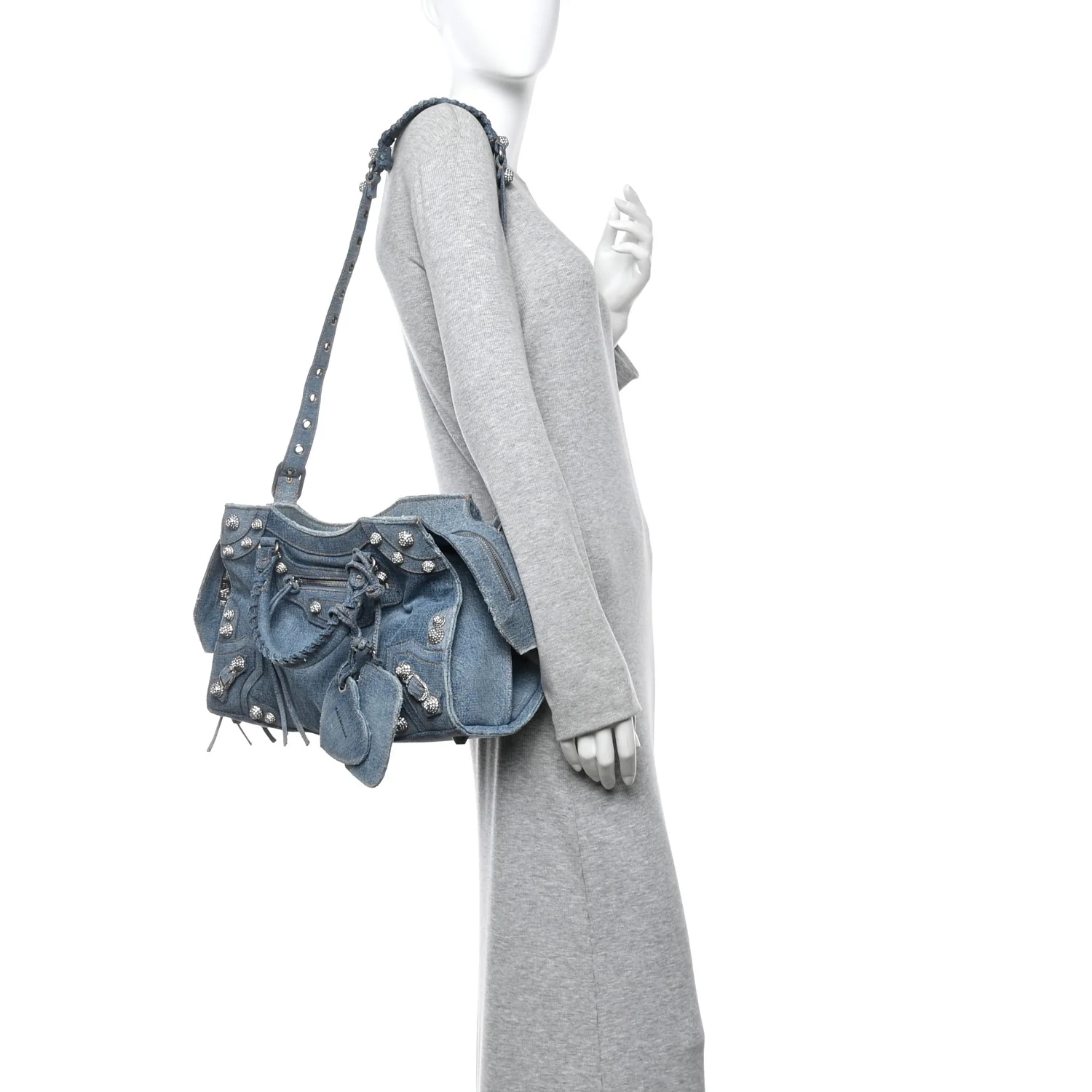 Balenciaga Washed Frayed Denim Crystal Neo Cagole City Handbag Blue - Image 3
