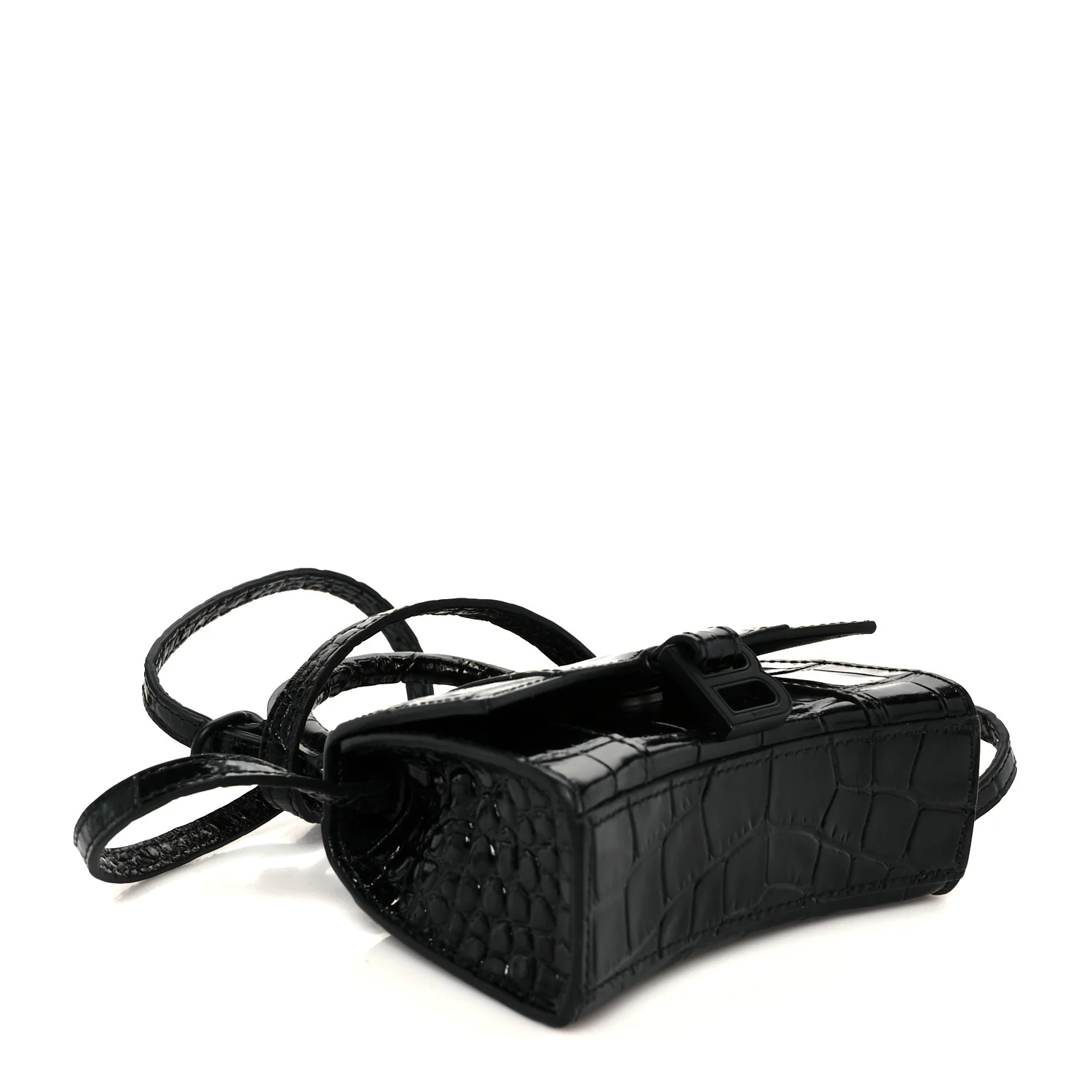 Balenciaga Shiny Calfskin Monochrome Crocodile Embossed Hourglass Top Handle Bag Mini Black - Image 4