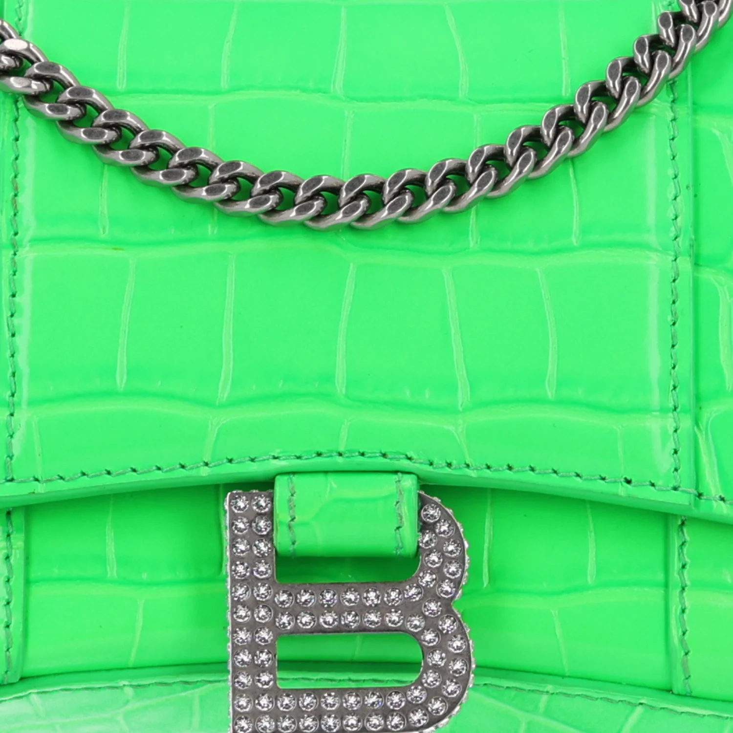 Balenciaga Shiny Calfskin Strass Crocodile Embossed Hourglass Chain Bag Fluo Green - Image 8