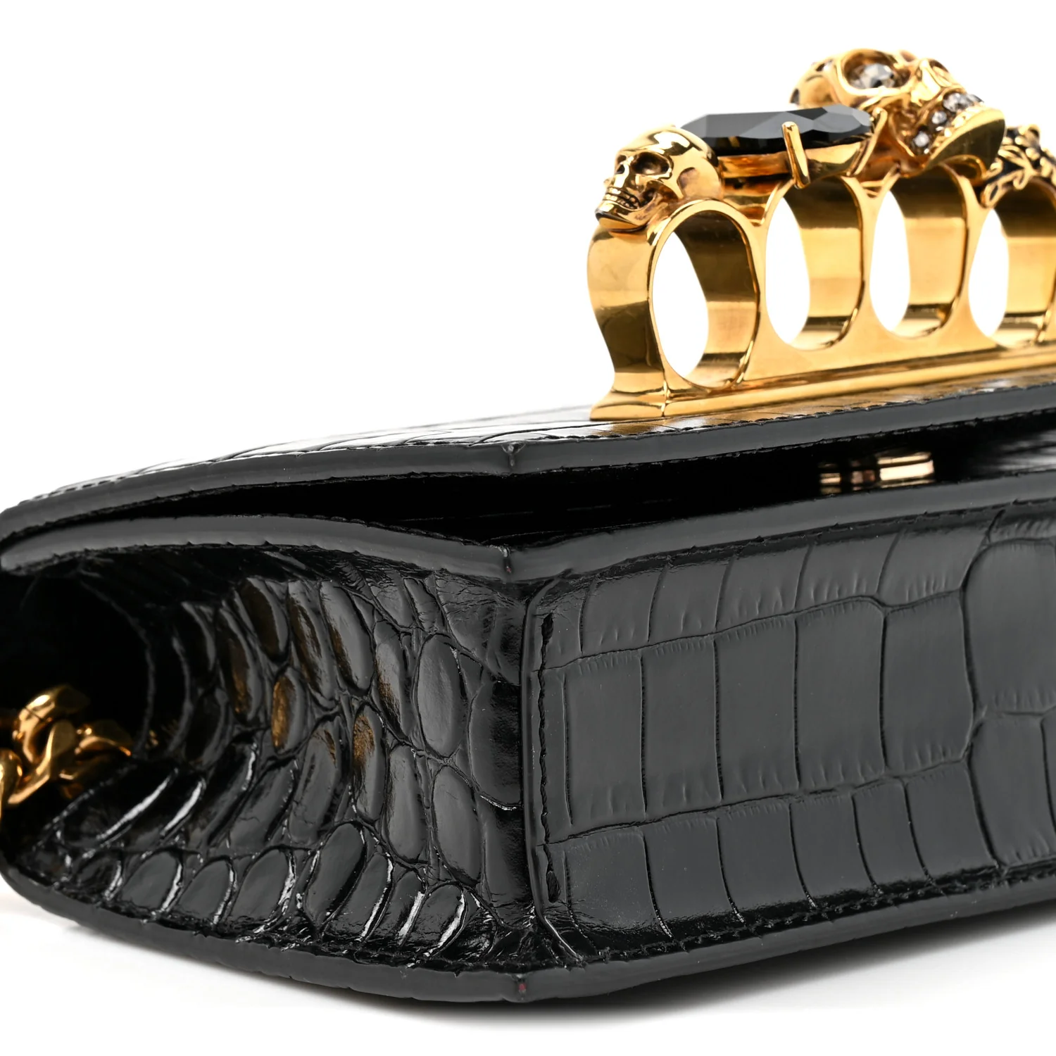 Alexander McQueen Shiny Crocodile Embossed Jeweled Satchel Black - Image 6
